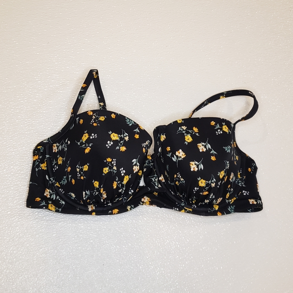 Shade & Shore Lightly Lined Tie Front Bikini Swimsuit Top Black FLoral 38C - Picture 2 of 5